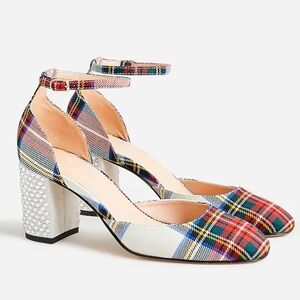 J. Crew Women’s Maisie studded heels in Stewart tartan Red Plaid Ankle Strap 10